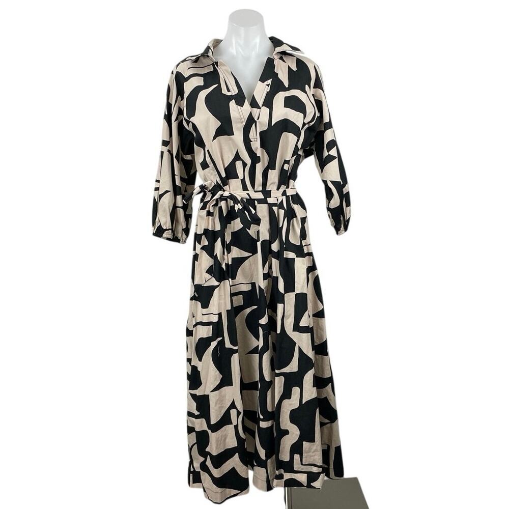 NEW Preview Black Beige Geometric Half Sleeve Tie Belt A Line Midi Dress Size 18